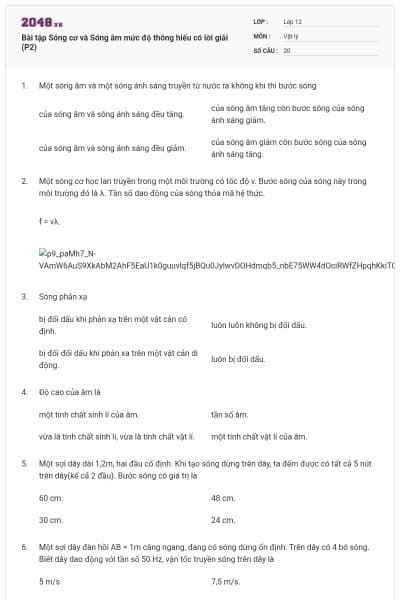 Bài tập Sóng cơ và Sóng âm mức độ thông hiểu có lời giải (P2)