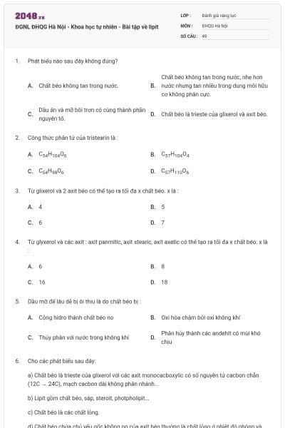 ĐGNL ĐHQG Hà Nội - Khoa học tự nhiên - Bài tập về lipit