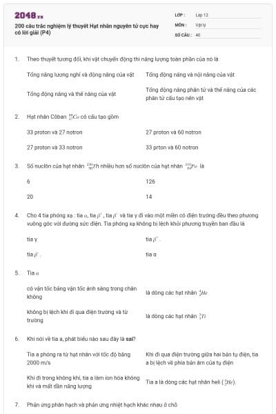 200 câu trắc nghiệm lý thuyết Hạt nhân nguyên tử cực hay có lời giải (P4)