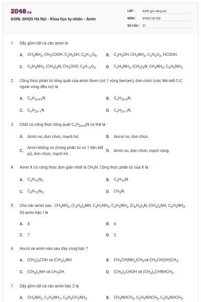 ĐGNL ĐHQG Hà Nội - Khoa học tự nhiên - Amin