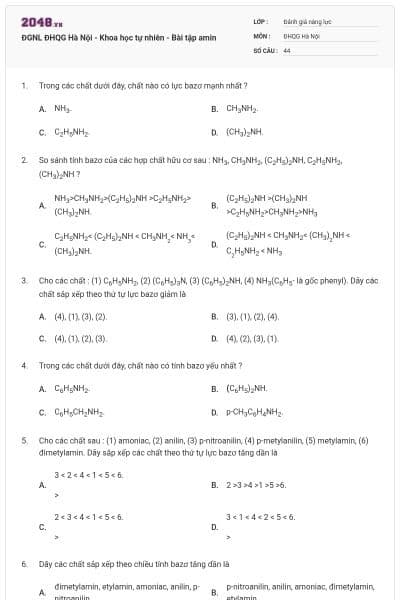 ĐGNL ĐHQG Hà Nội - Khoa học tự nhiên - Bài tập amin