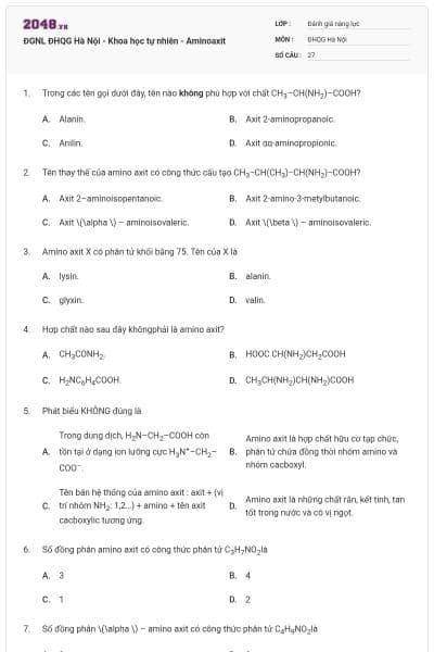ĐGNL ĐHQG Hà Nội - Khoa học tự nhiên - Aminoaxit