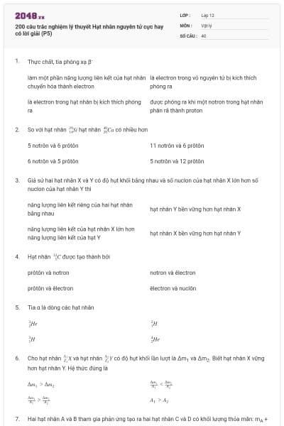 200 câu trắc nghiệm lý thuyết Hạt nhân nguyên tử cực hay có lời giải (P5)