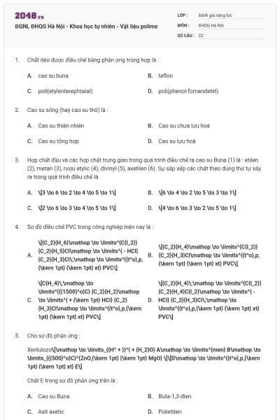 ĐGNL ĐHQG Hà Nội - Khoa học tự nhiên - Vật liệu polime