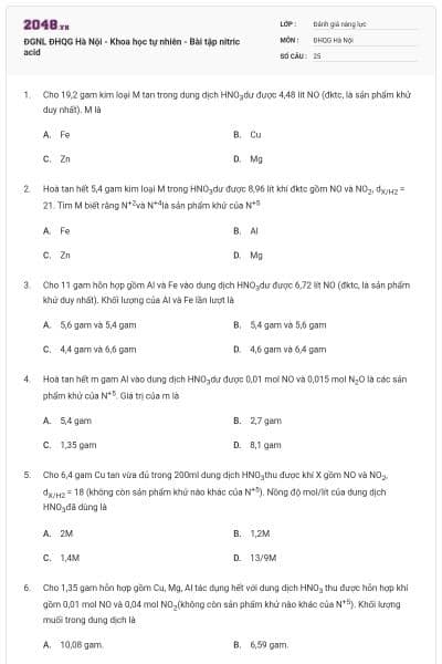 ĐGNL ĐHQG Hà Nội - Khoa học tự nhiên - Bài tập nitric acid