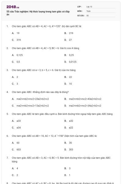55 câu Trắc nghiệm: Hệ thức lượng trong tam giác có đáp án
