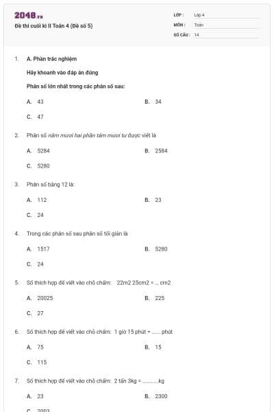 Đề thi cuối kì II Toán 4 (Đề số 5)