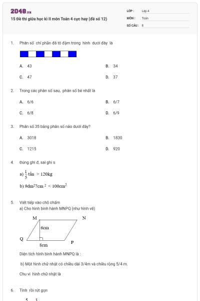 15 Đề thi giữa học kì II môn Toán 4 cực hay (đề số 12)