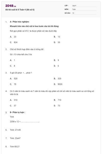Đề thi cuối kì II Toán 4 (Đề số 6)