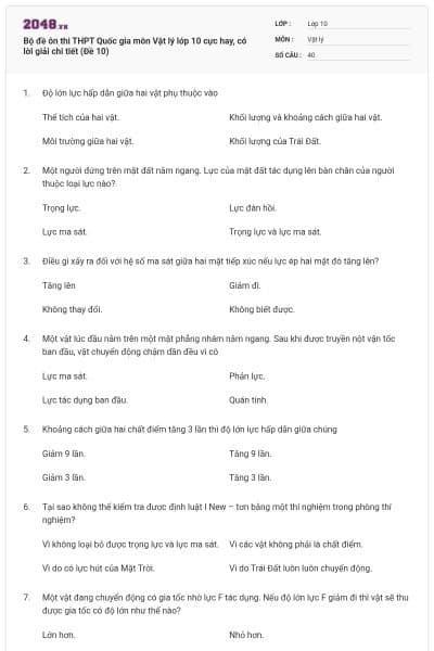 Bộ đề ôn thi THPT Quốc gia môn Vật lý lớp 10 cực hay, có lời giải chi tiết (Đề 10)