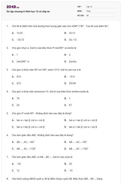 Ôn tập chương II Hình học 10 có đáp án