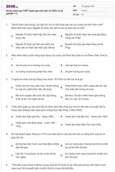 Đề thi minh họa THPT Quốc gia môn lịch sử 2022 có lời giải(Đề 11)