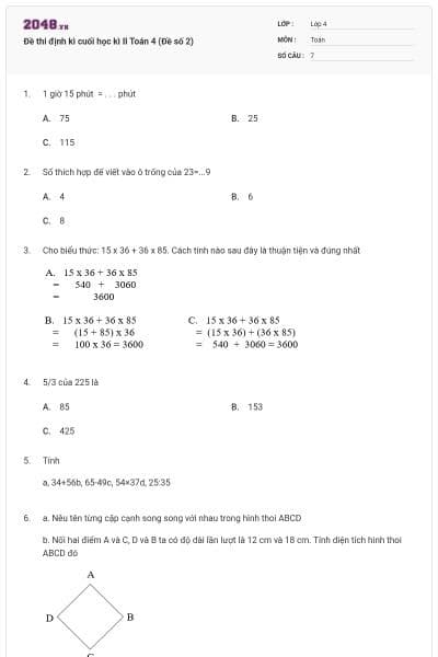 Đề thi định kì cuối học kì II Toán 4 (Đề số 2)