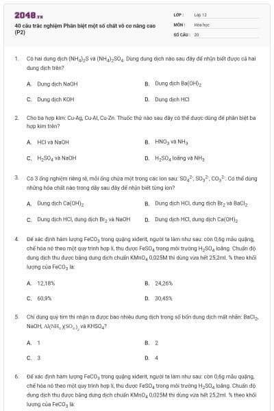 40 câu trắc nghiệm Phân biệt một số chất vô cơ nâng cao (P2)
