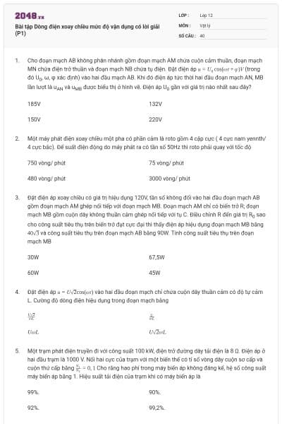 Bài tập Dòng điện xoay chiều mức độ vận dụng có lời giải (P1)