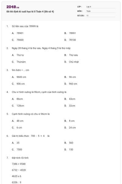 Đề thi định kì cuối học kì II Toán 4 (Đề số 4)