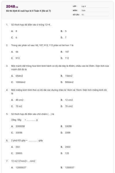 Đề thi định kì cuối học kì II Toán 4 (Đề số 7)