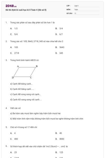 Đề thi định kì cuối học kì II Toán 4 (Đề số 8)