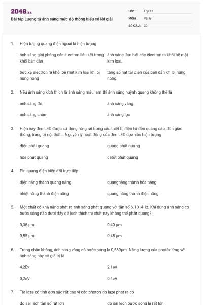 Bài tập Lượng tử ánh sáng mức độ thông hiểu có lời giải
