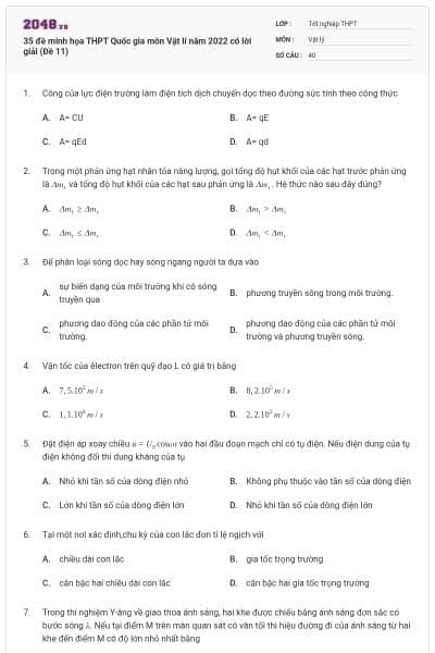 35 đề minh họa THPT Quốc gia môn Vật lí năm 2022 có lời giải (Đề 11)