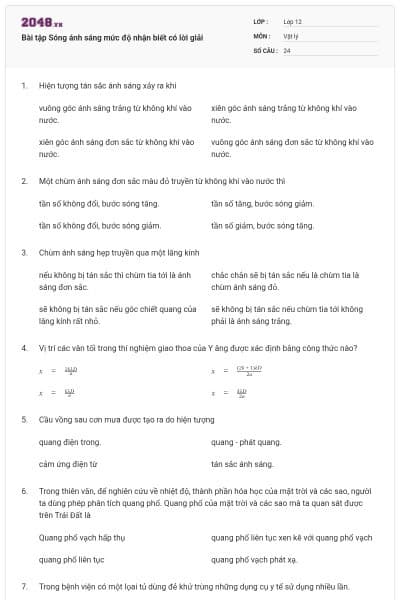 Bài tập Sóng ánh sáng mức độ nhận biết có lời giải