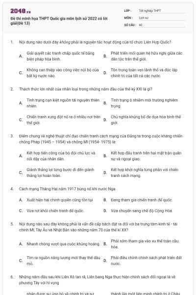 Đề thi minh họa THPT Quốc gia môn lịch sử 2022 có lời giải(Đề 13)