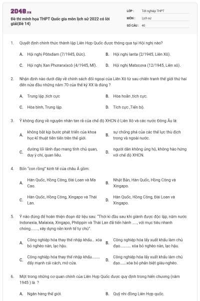Đề thi minh họa THPT Quốc gia môn lịch sử 2022 có lời giải(Đề 14)