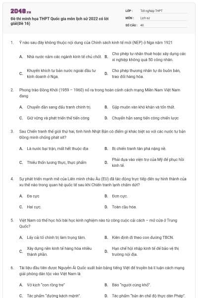 Đề thi minh họa THPT Quốc gia môn lịch sử 2022 có lời giải(Đề 16)