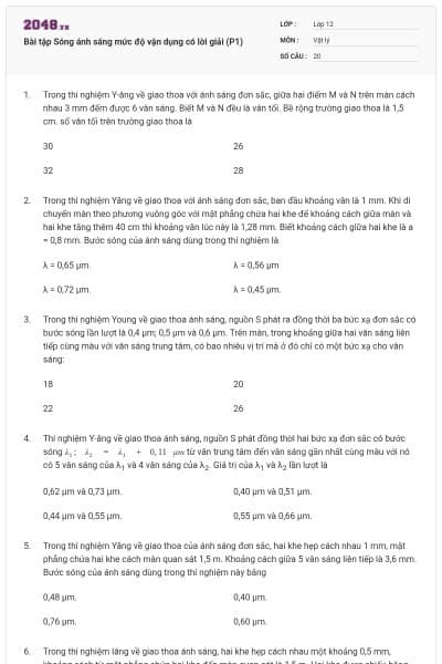 Bài tập Sóng ánh sáng mức độ vận dụng có lời giải (P1)