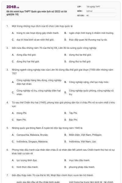 Đề thi minh họa THPT Quốc gia môn lịch sử 2022 có lời giải(Đề 18)