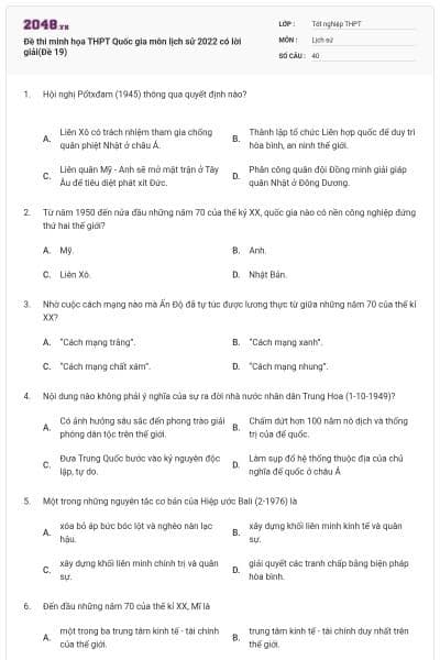Đề thi minh họa THPT Quốc gia môn lịch sử 2022 có lời giải(Đề 19)
