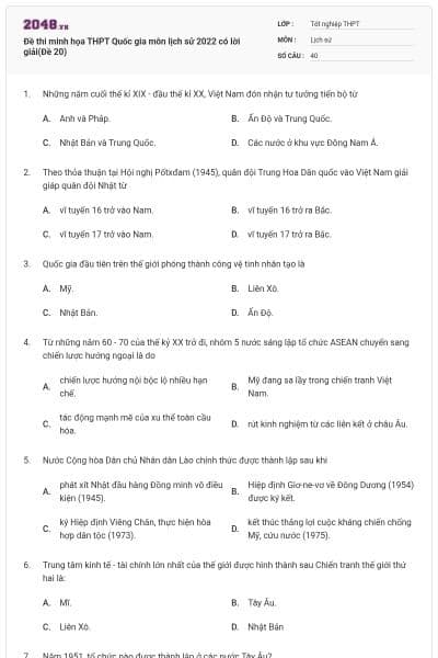 Đề thi minh họa THPT Quốc gia môn lịch sử 2022 có lời giải(Đề 20)