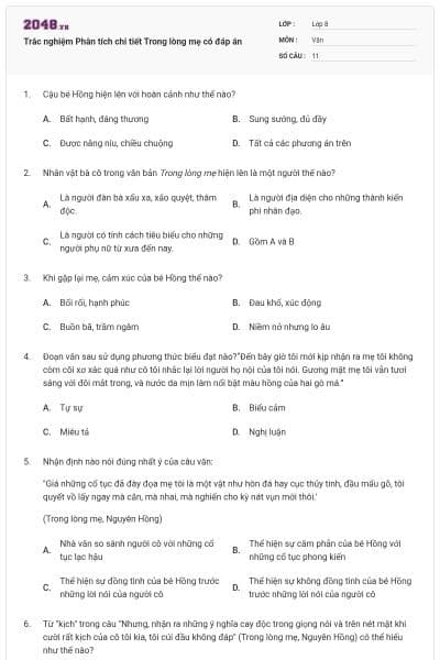 Trắc nghiệm Phân tích chi tiết Trong lòng mẹ có đáp án