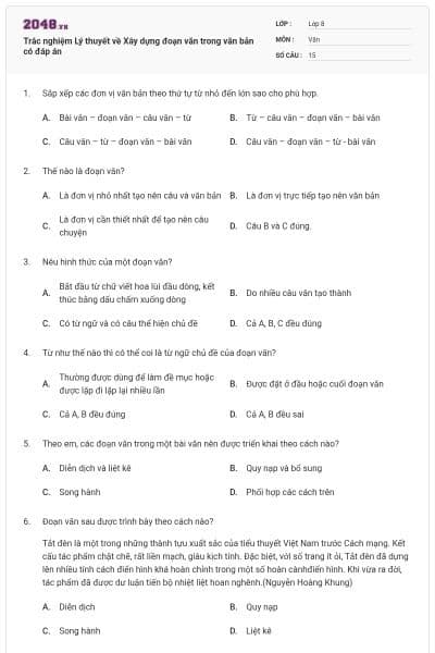 Trắc nghiệm Lý thuyết về Xây dựng đoạn văn trong văn bản có đáp án