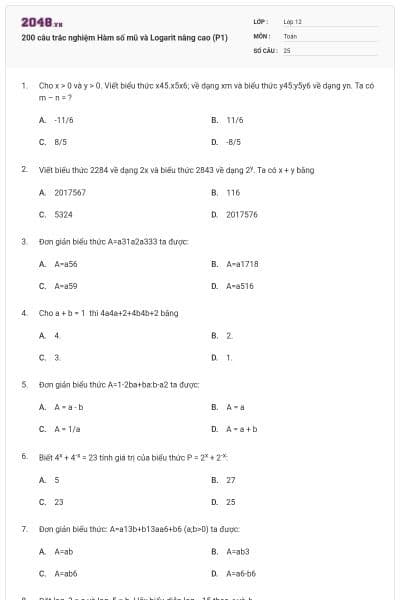 200 câu trắc nghiệm Hàm số mũ và Logarit nâng cao (P1)