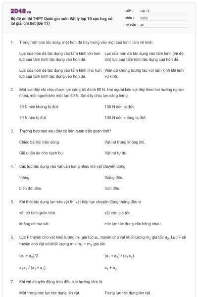 Bộ đề ôn thi THPT Quốc gia môn Vật lý lớp 10 cực hay, có lời giải chi tiết (Đề 11)