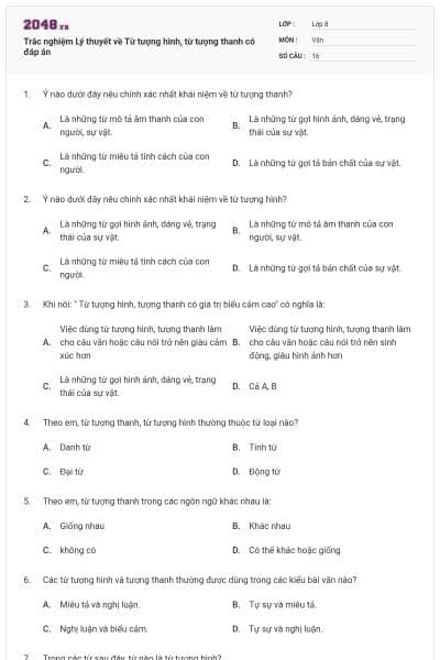 Trắc nghiệm Lý thuyết về Từ tượng hình, từ tượng thanh có đáp án