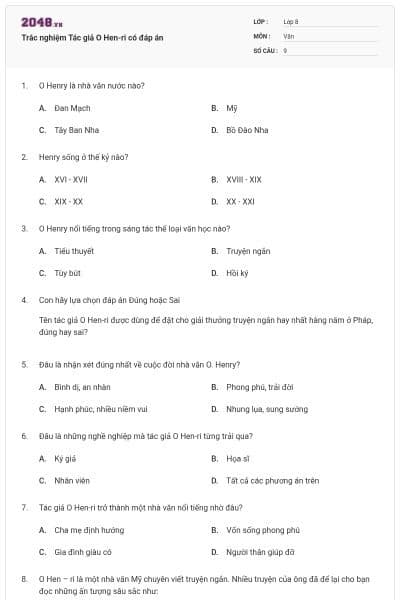 Trắc nghiệm Tác giả O Hen-ri có đáp án