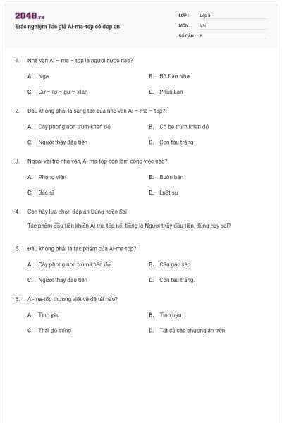 Trắc nghiệm Tác giả Ai-ma-tốp có đáp án