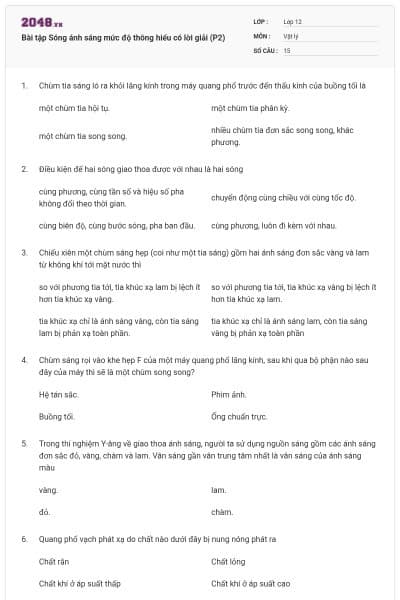 Bài tập Sóng ánh sáng mức độ thông hiểu có lời giải (P2)