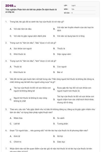 Trắc nghiệm Phân tích chi tiết tác phẩm Ôn dịch thuốc lá có đáp án