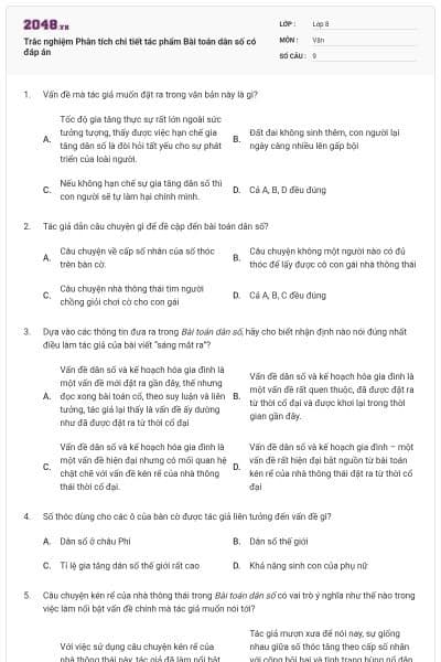 Trắc nghiệm Phân tích chi tiết tác phẩm Bài toán dân số có đáp án