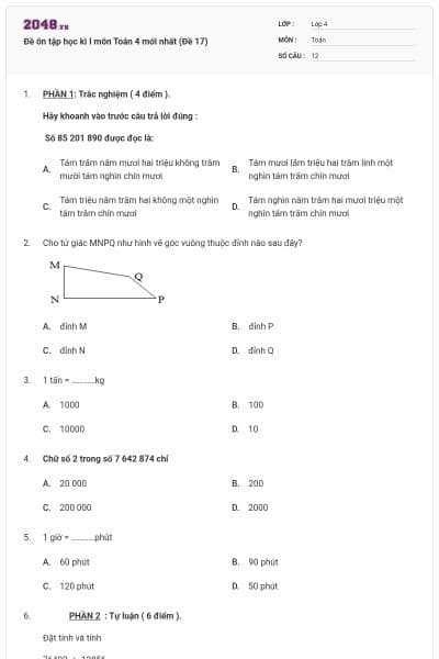 Đề ôn tập học kì I môn Toán 4 mới nhất (Đề 17)