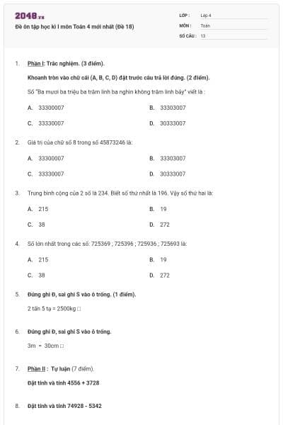 Đề ôn tập học kì I môn Toán 4 mới nhất (Đề 18)