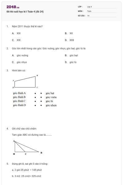 Đề thi cuối học kì I Toán 4 (đề 24)