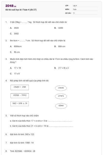 Đề thi cuối học kì I Toán 4 (đề 27)