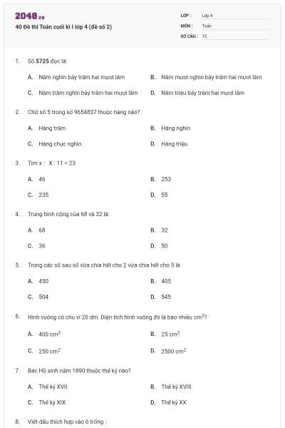 40 Đề thi Toán cuối kì I lớp 4 (đề số 2)