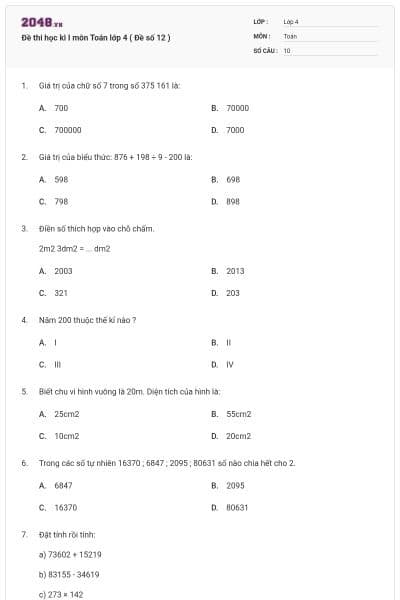 Đề thi học kì I môn Toán lớp 4 ( Đề số 12 )