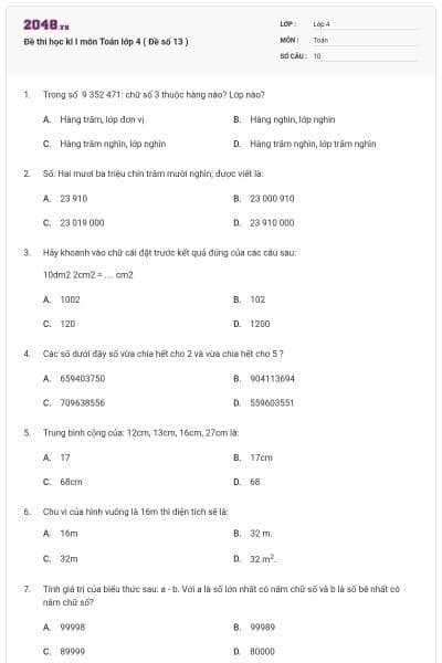 Đề thi học kì I môn Toán lớp 4 ( Đề số 13 )