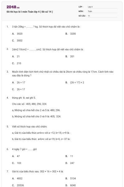 Đề thi học kì I môn Toán lớp 4 ( Đề số 14 )